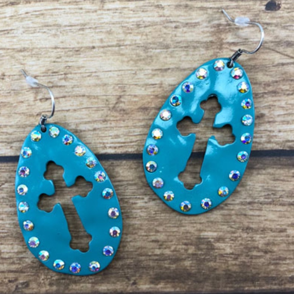Turquoise Metal Earrings With Cross Cutout & Bling